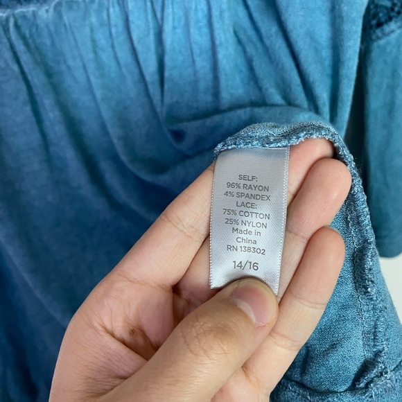 Bohemian Blue Blouse With Lace accents & Bell sleeves, Babydoll cut size 14/16 - Picture 7 of 8